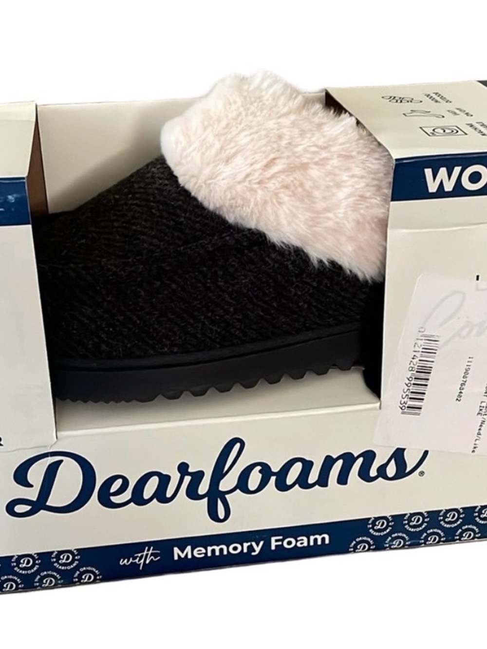 DEARFOAMS Clog Slippers Memory Foam, Women’s L (9/10), Black Off White Faux Fur